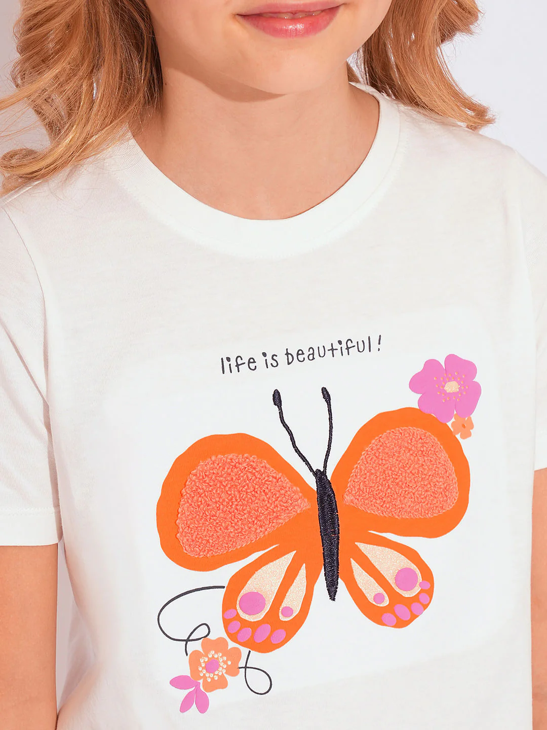 Girls White Terry Embroidered Print T-Shirt - Image 4