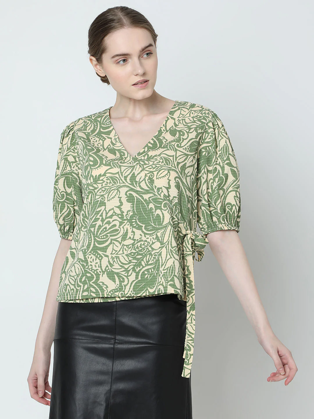 Green Printed Textured Wrap Top - Image 2