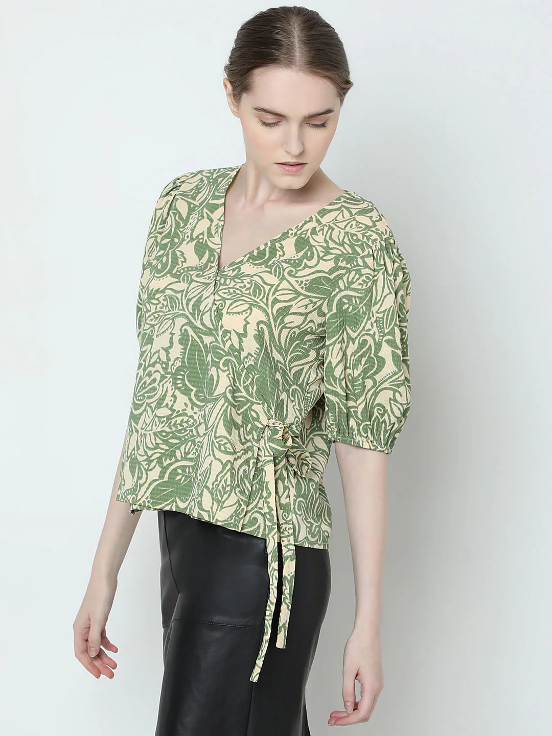 Green Printed Textured Wrap Top - Image 3