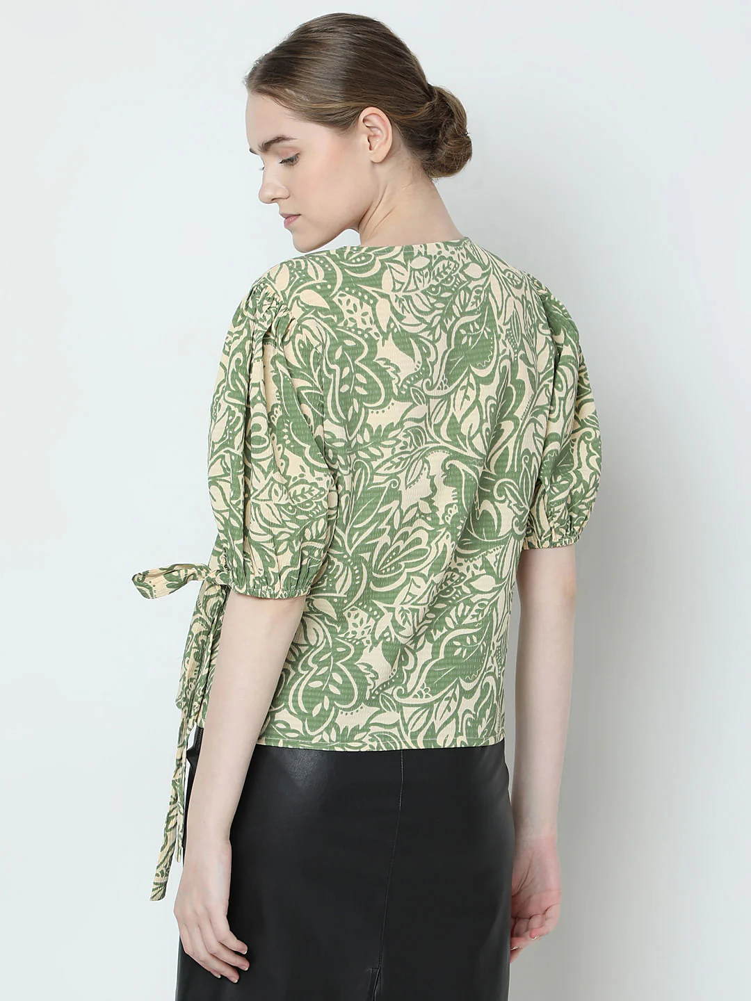 Green Printed Textured Wrap Top - Image 4