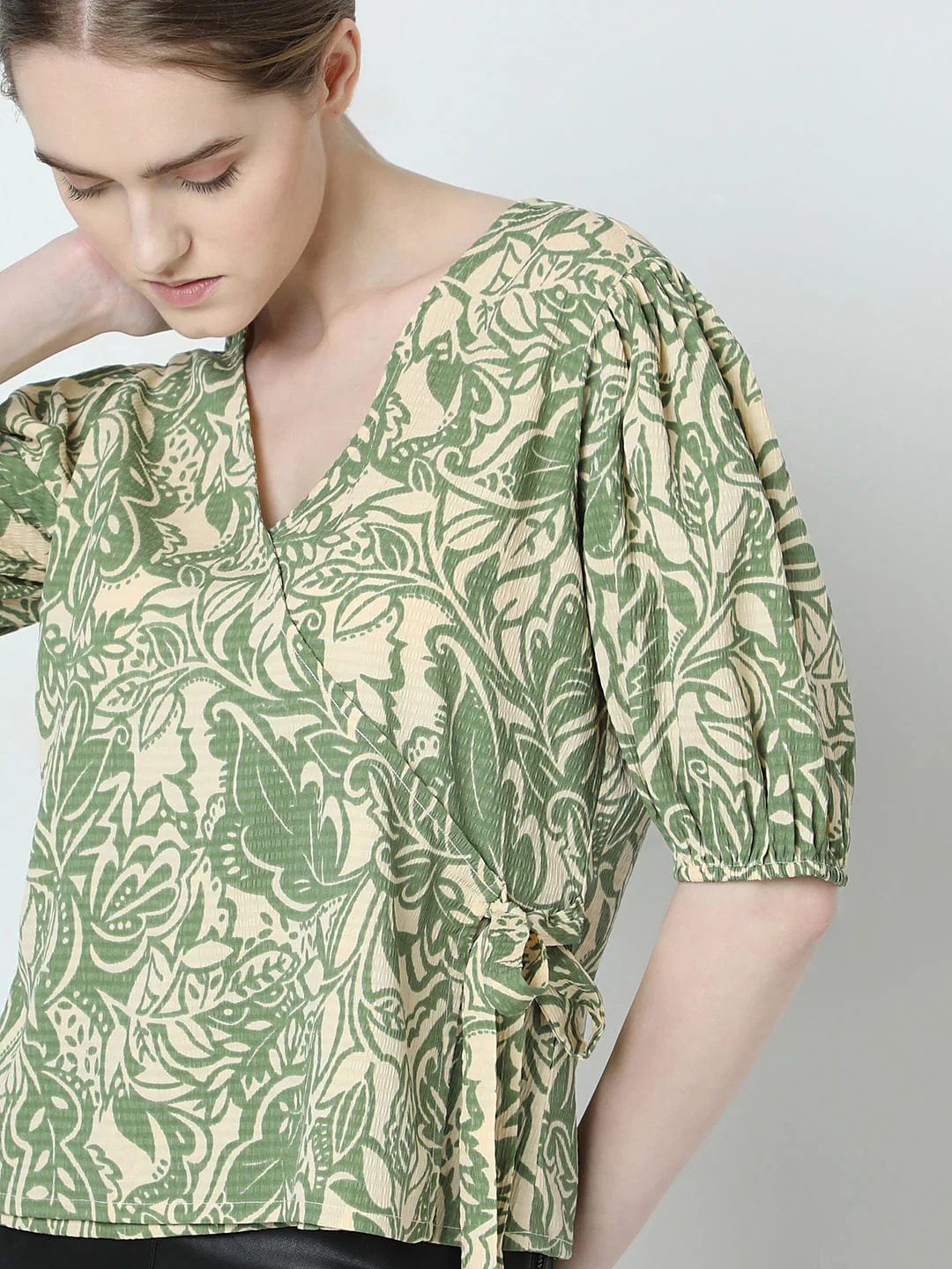 Green Printed Textured Wrap Top - Image 6