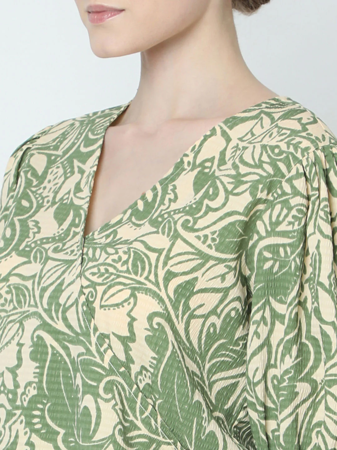 Green Printed Textured Wrap Top - Image 8