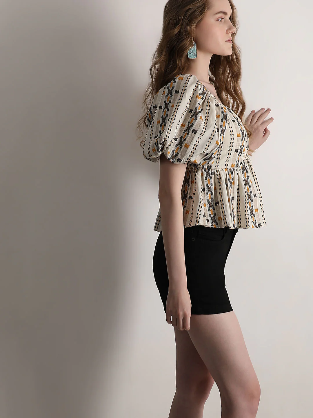 Cream Printed Smocked Top