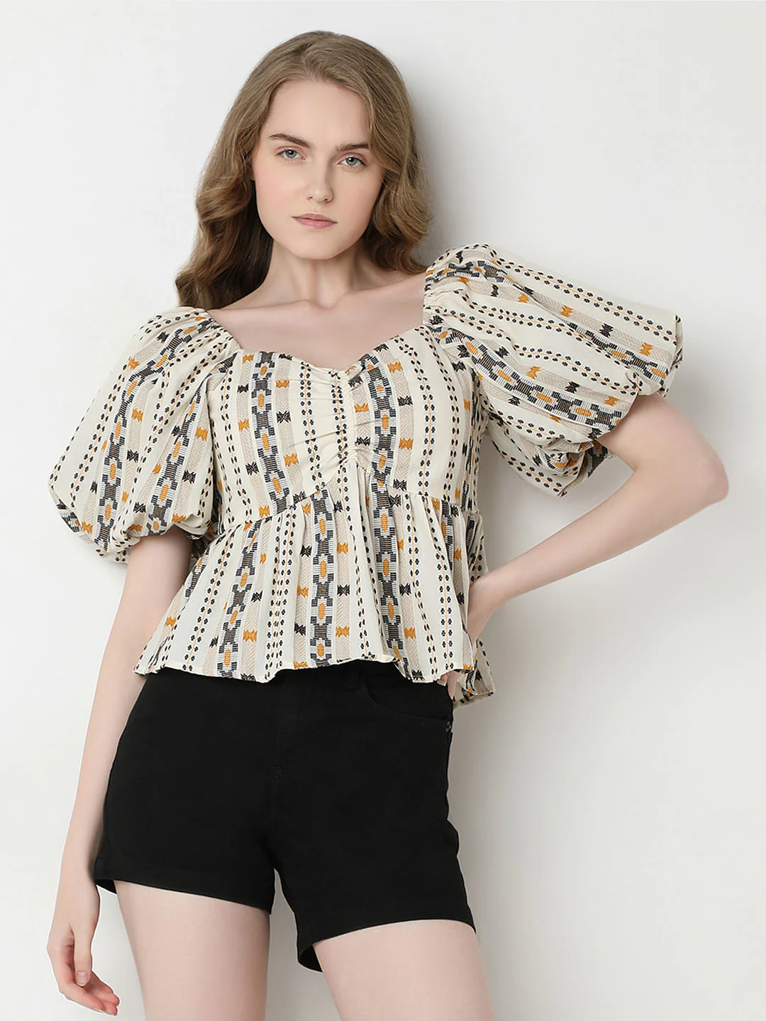 Cream Printed Smocked Top - Image 2