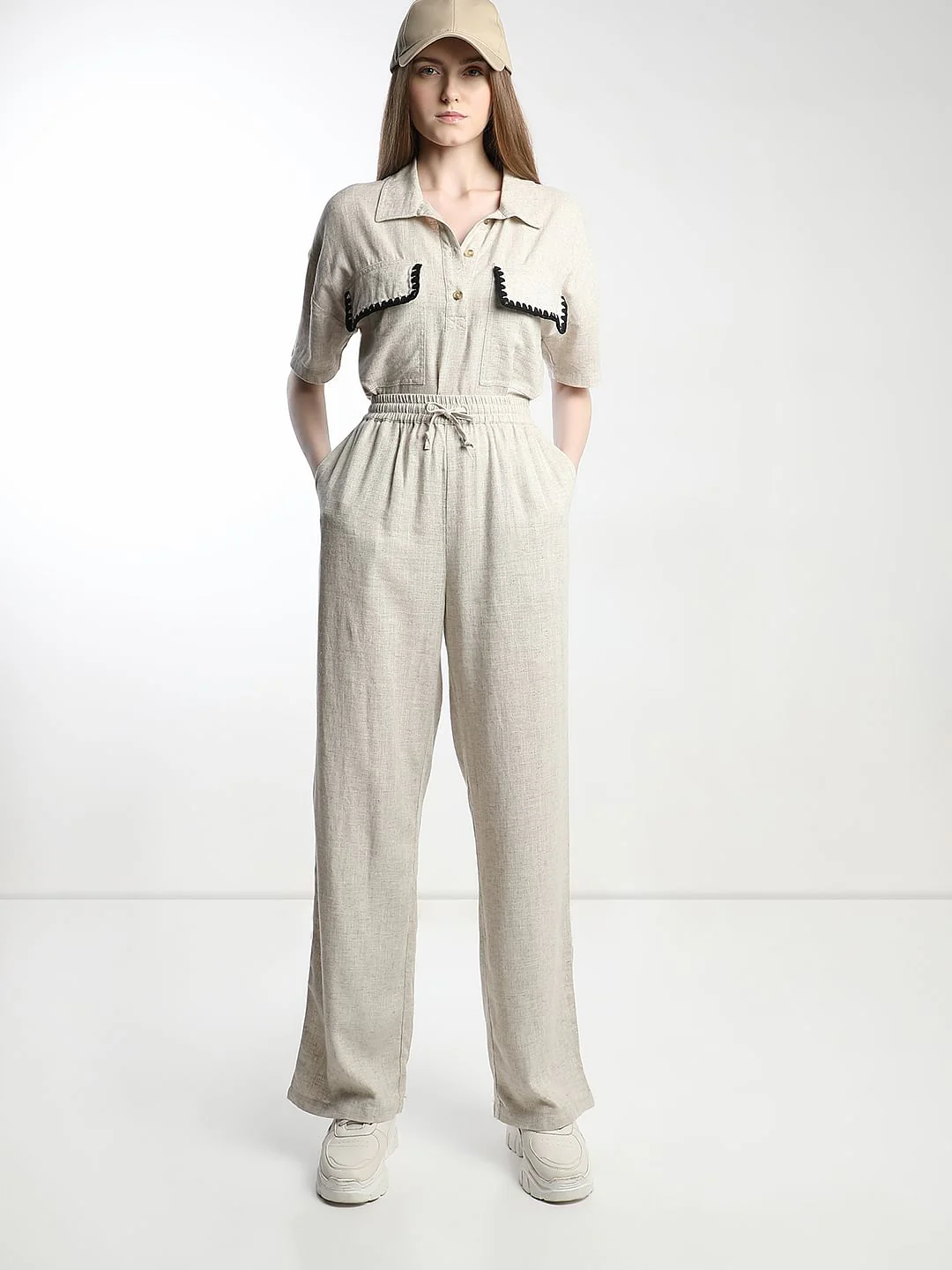 Ivory White Woven Co-Ord Set Pants