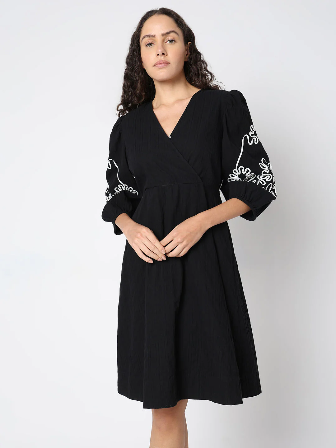 Black Puff Sleeves Cotton Dress - Image 2