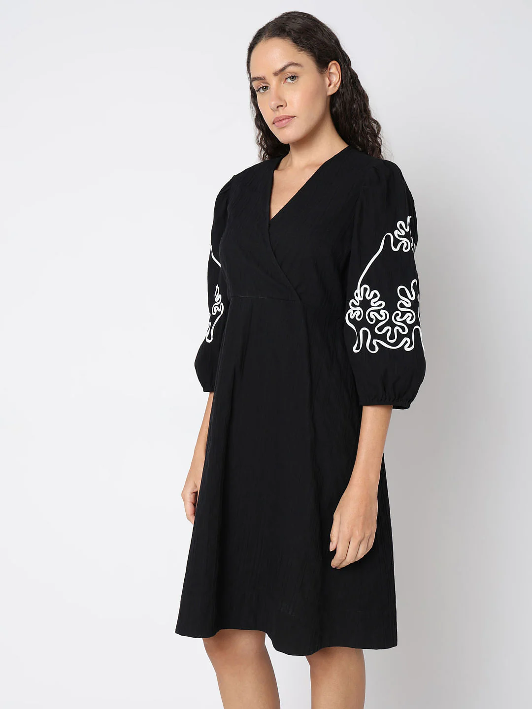 Black Puff Sleeves Cotton Dress - Image 3