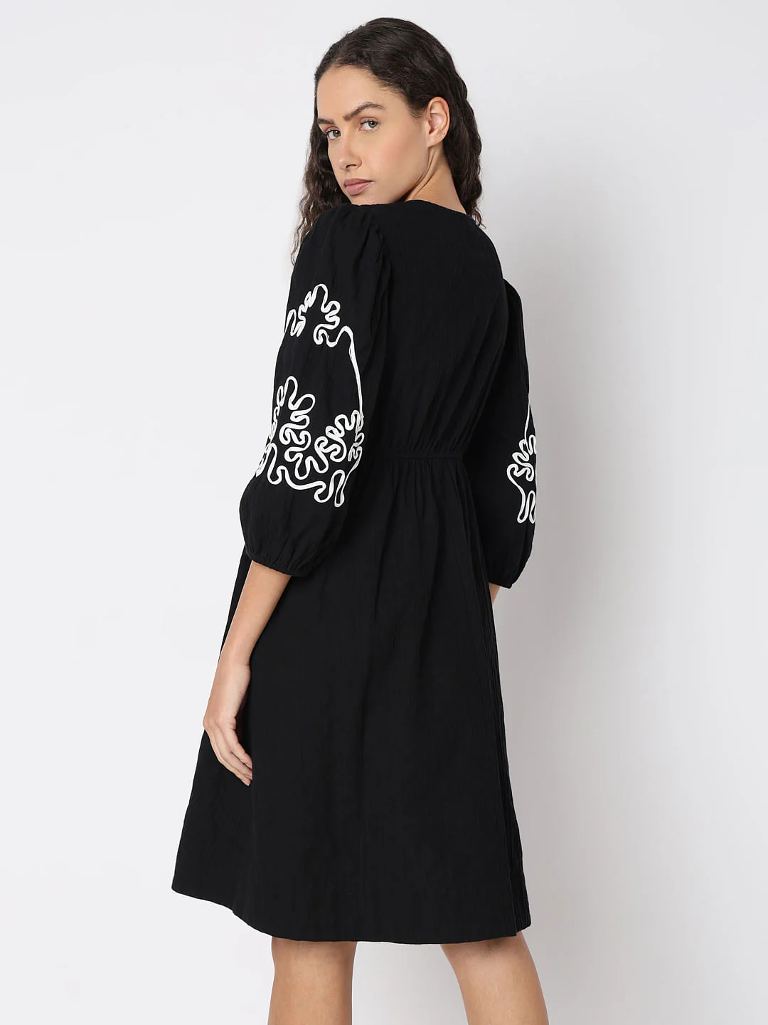 Black Puff Sleeves Cotton Dress - Image 4