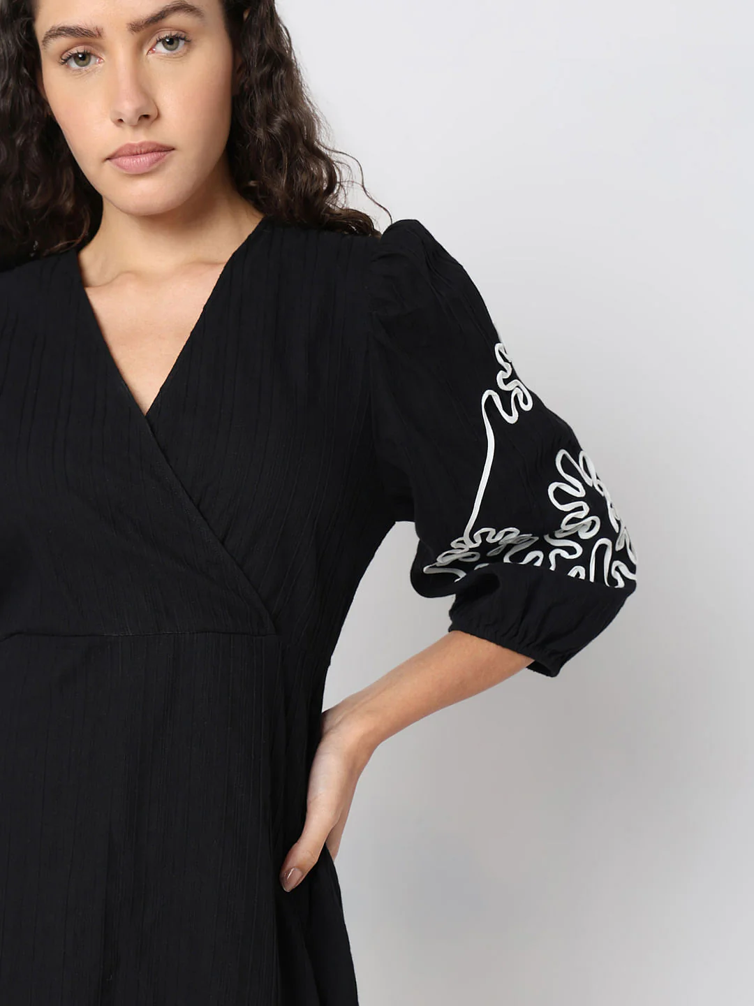 Black Puff Sleeves Cotton Dress - Image 6