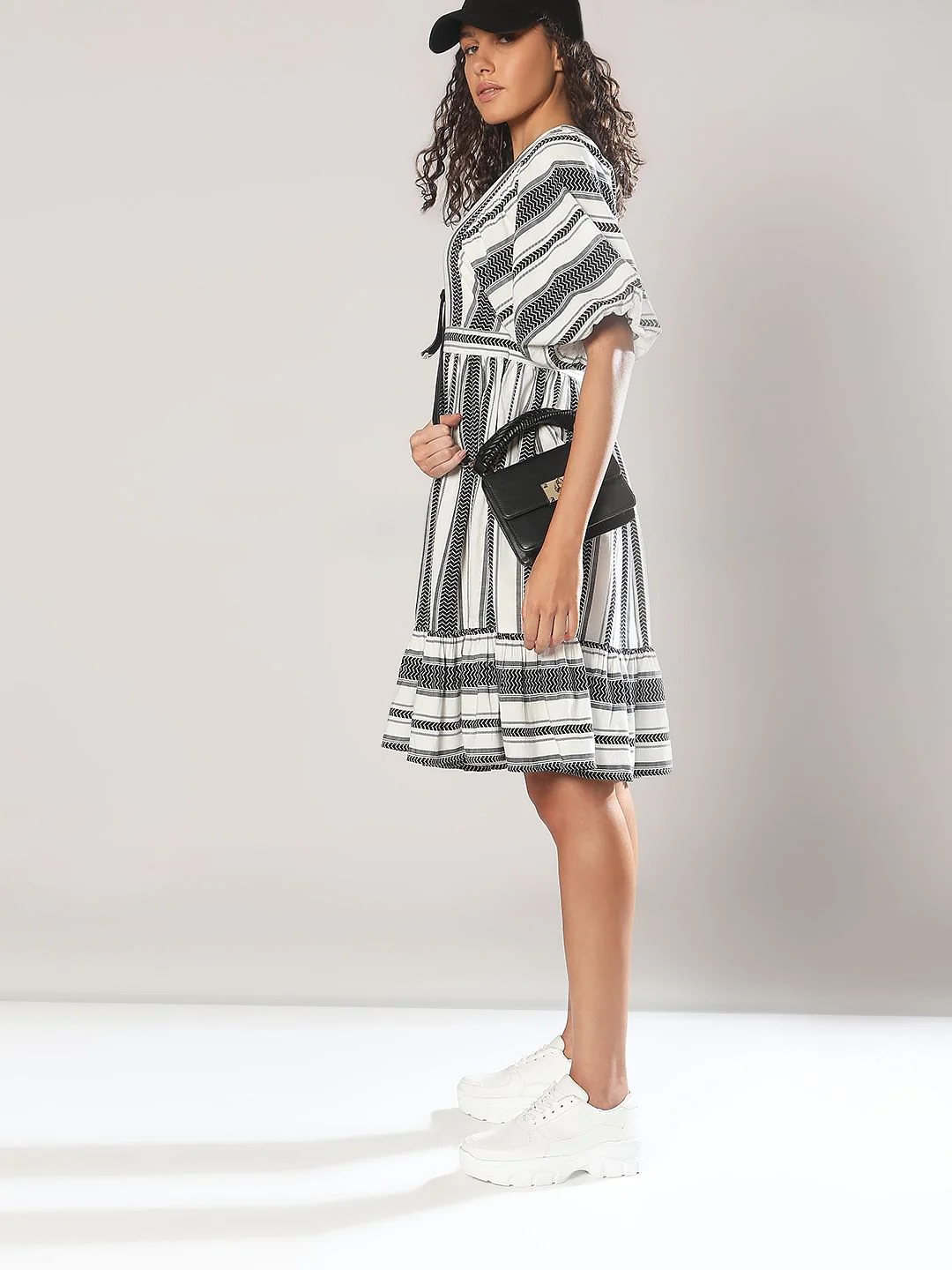 White Striped V-Neck Dress