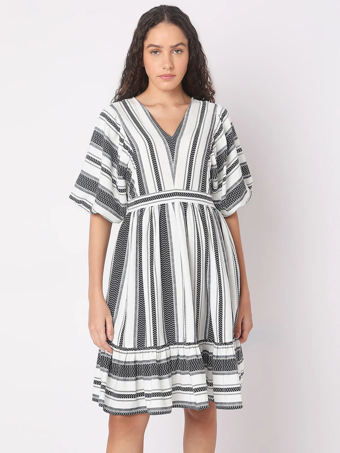 White Striped V-Neck Dress - Image 2