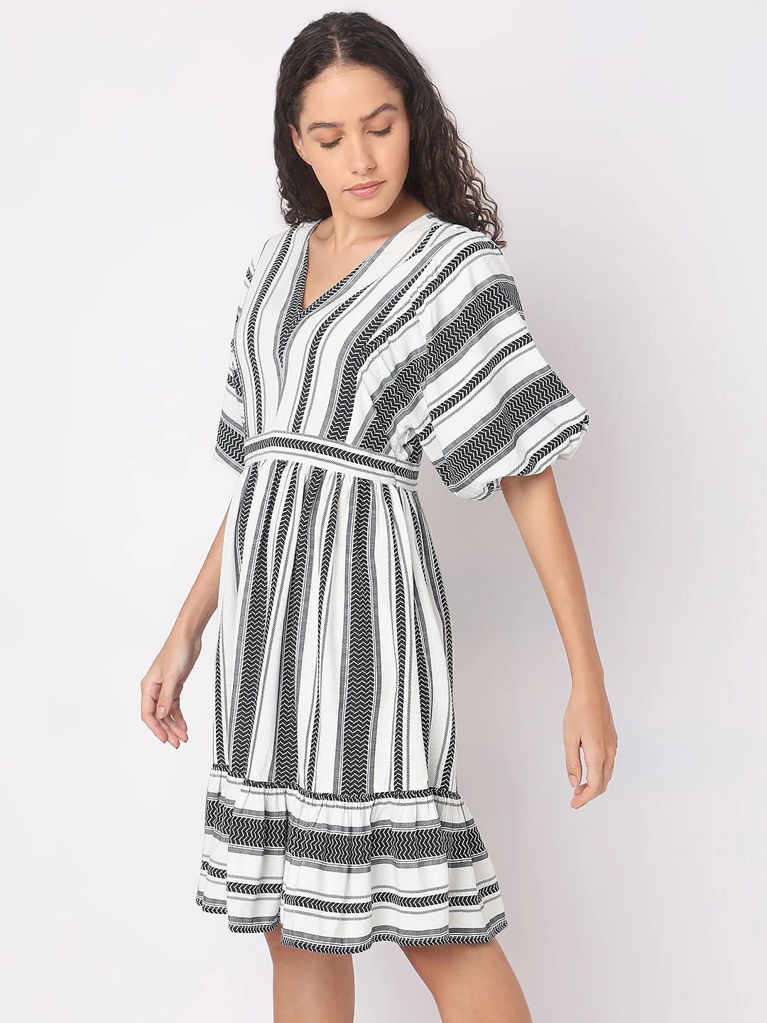 White Striped V-Neck Dress - Image 3