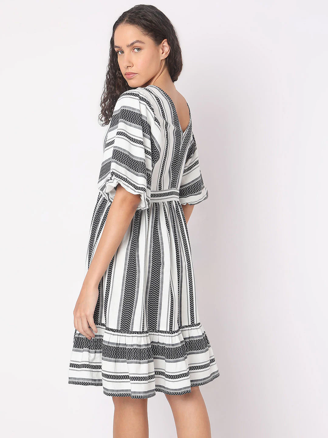White Striped V-Neck Dress - Image 4