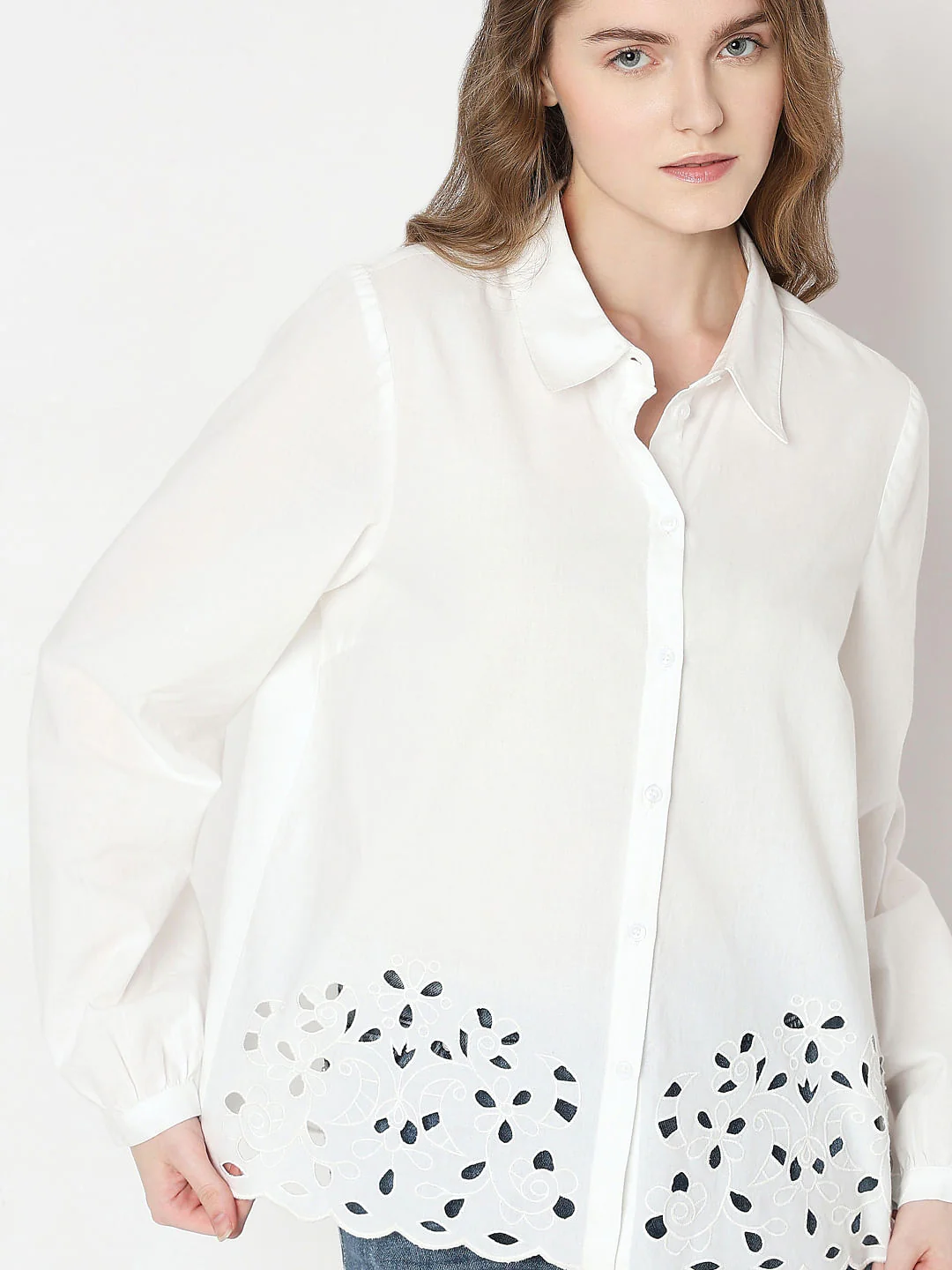 White Cut-Work Cotton Shirt - Image 6