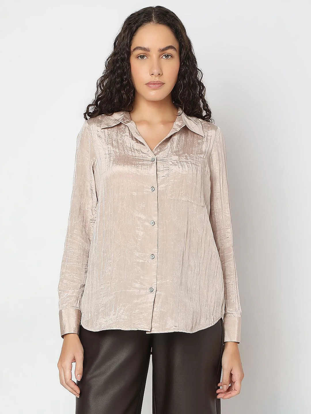 Beige Texture Satin Shirt - Image 2