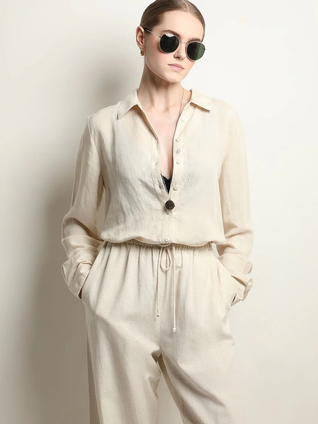 Light Beige Linen Co-Ord Set Shirt