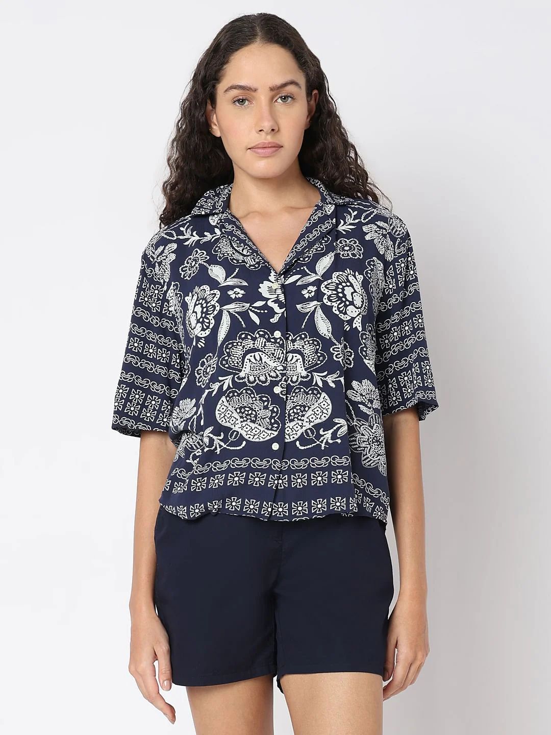 Navy Blue Printed Viscose Shirt - Image 2