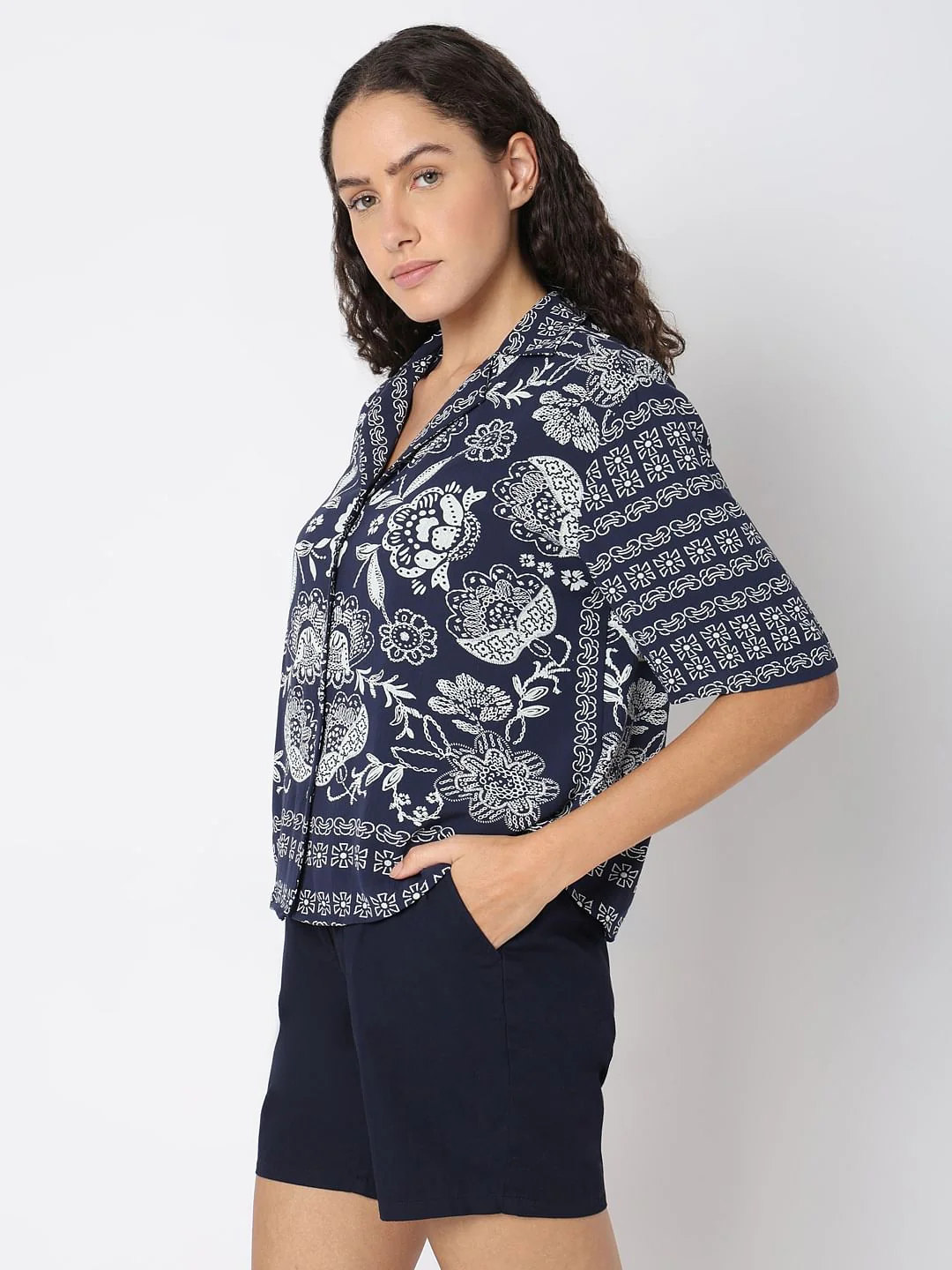 Navy Blue Printed Viscose Shirt - Image 3