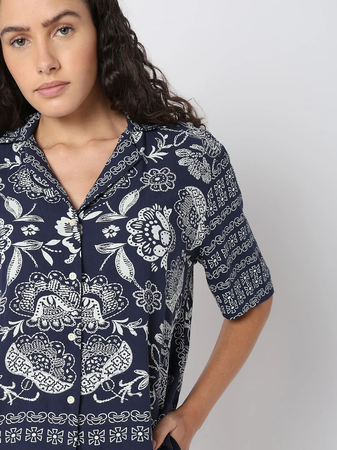Navy Blue Printed Viscose Shirt - Image 6