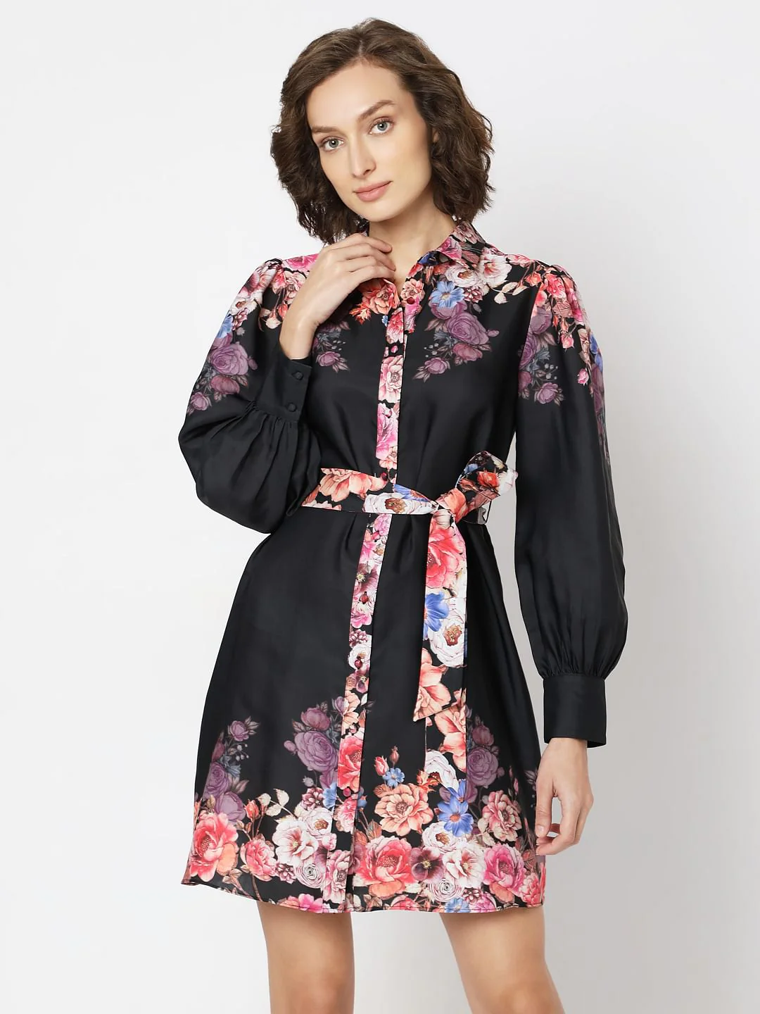 Black Floral Print Short Shirt Dress - Image 2