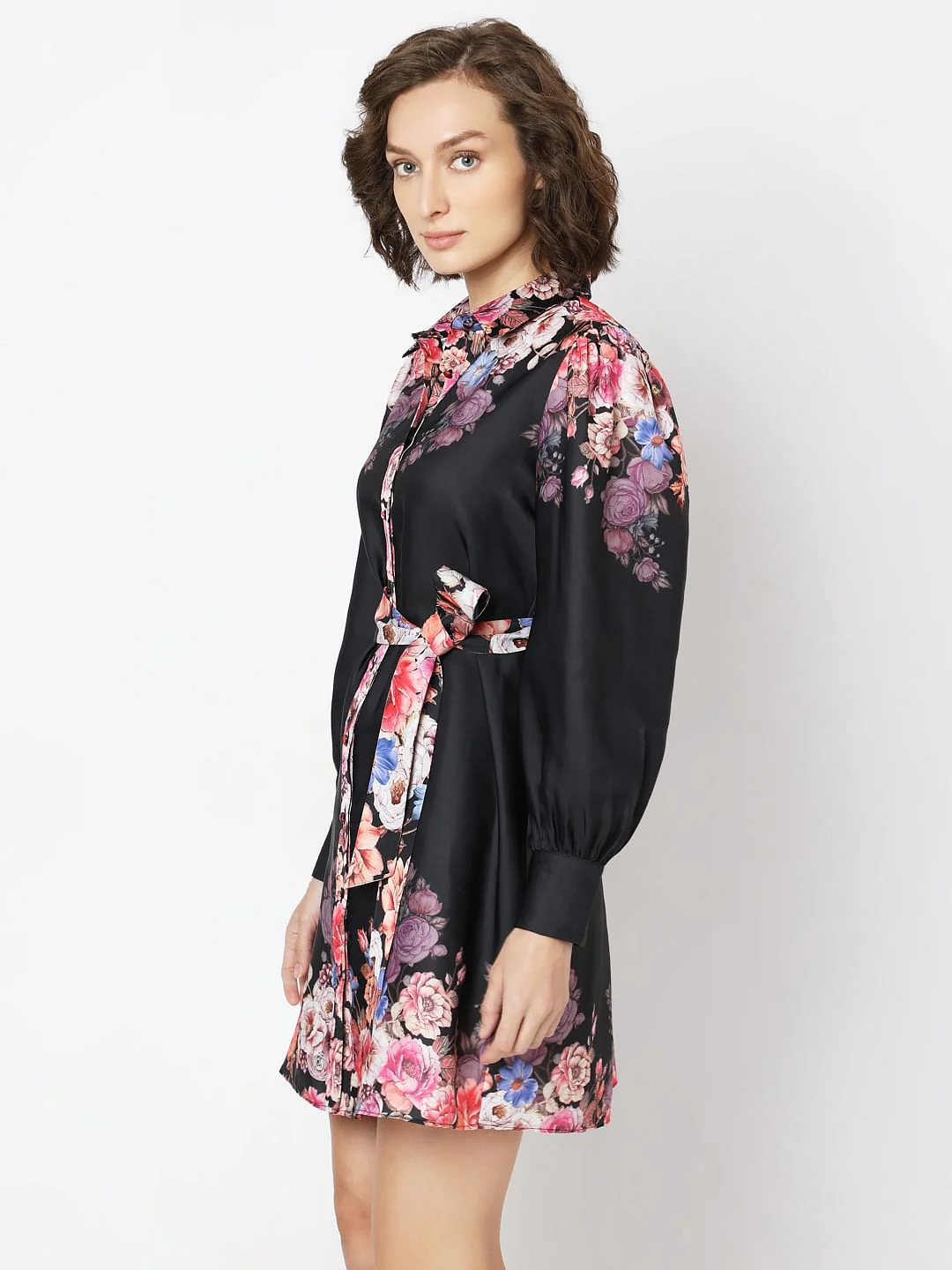 Black Floral Print Short Shirt Dress - Image 3