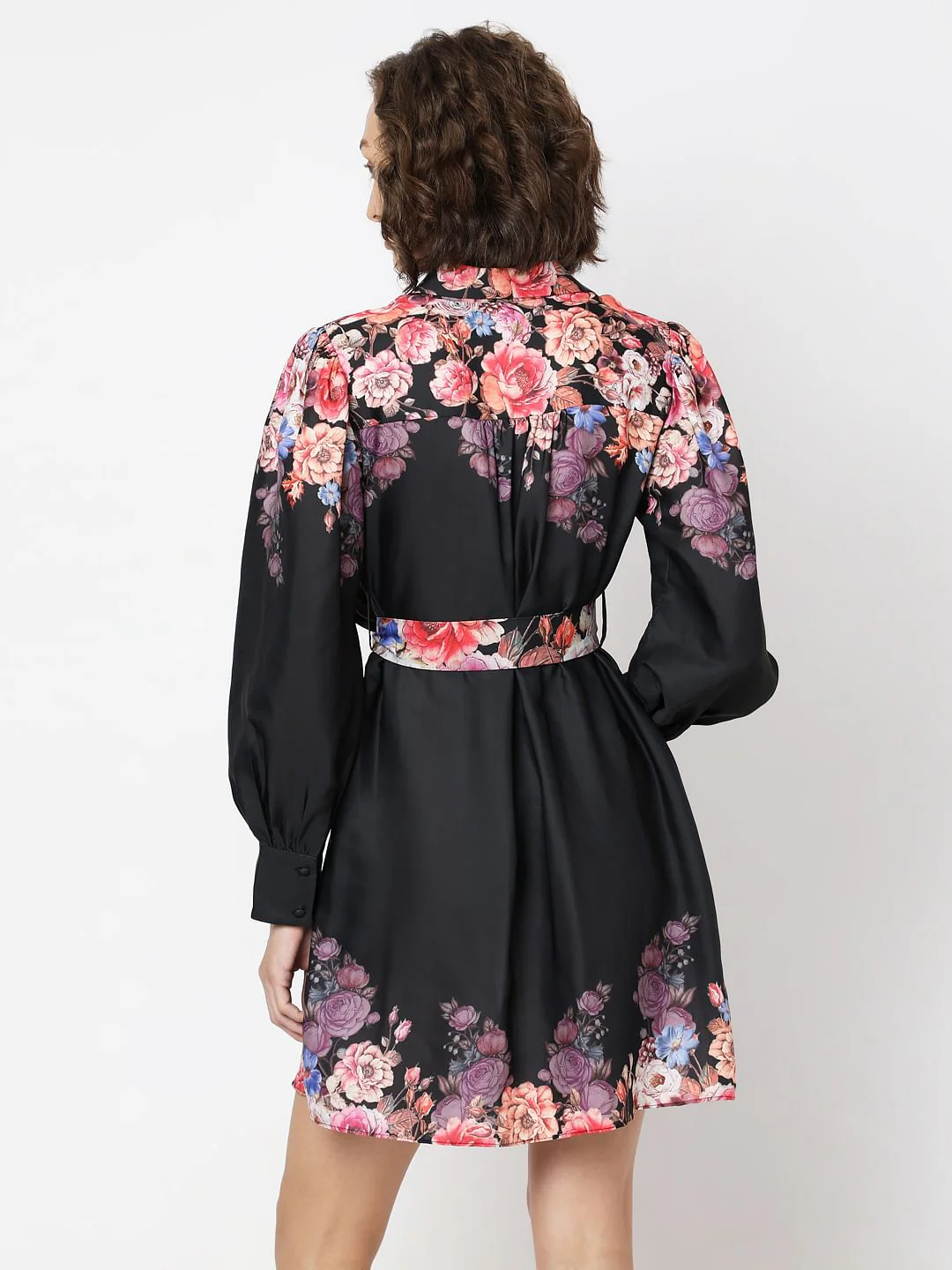 Black Floral Print Short Shirt Dress - Image 4