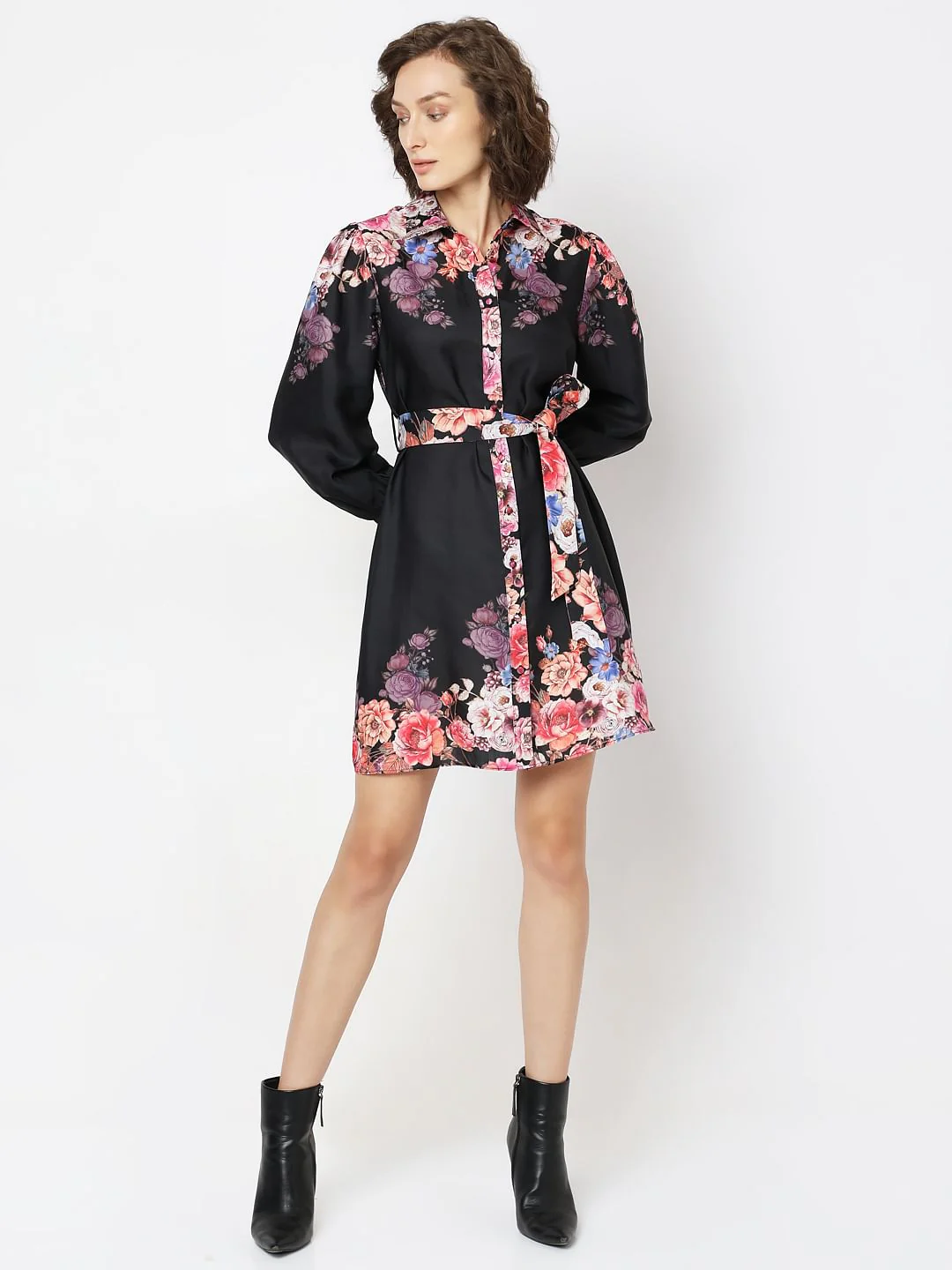 Black Floral Print Short Shirt Dress - Image 5