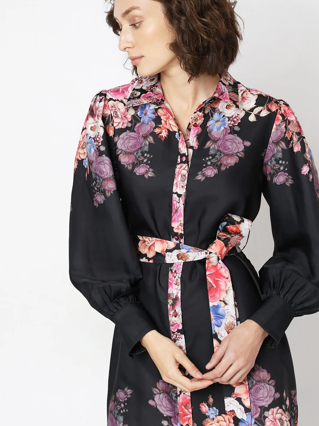 Black Floral Print Short Shirt Dress - Image 6