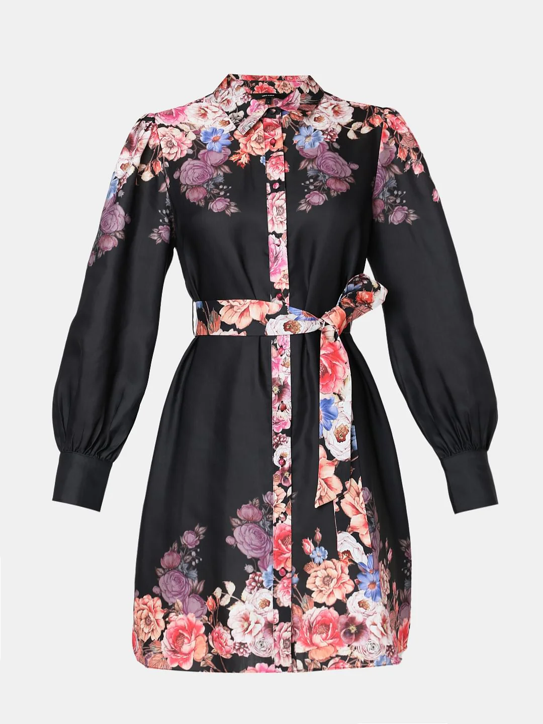 Black Floral Print Short Shirt Dress - Image 7