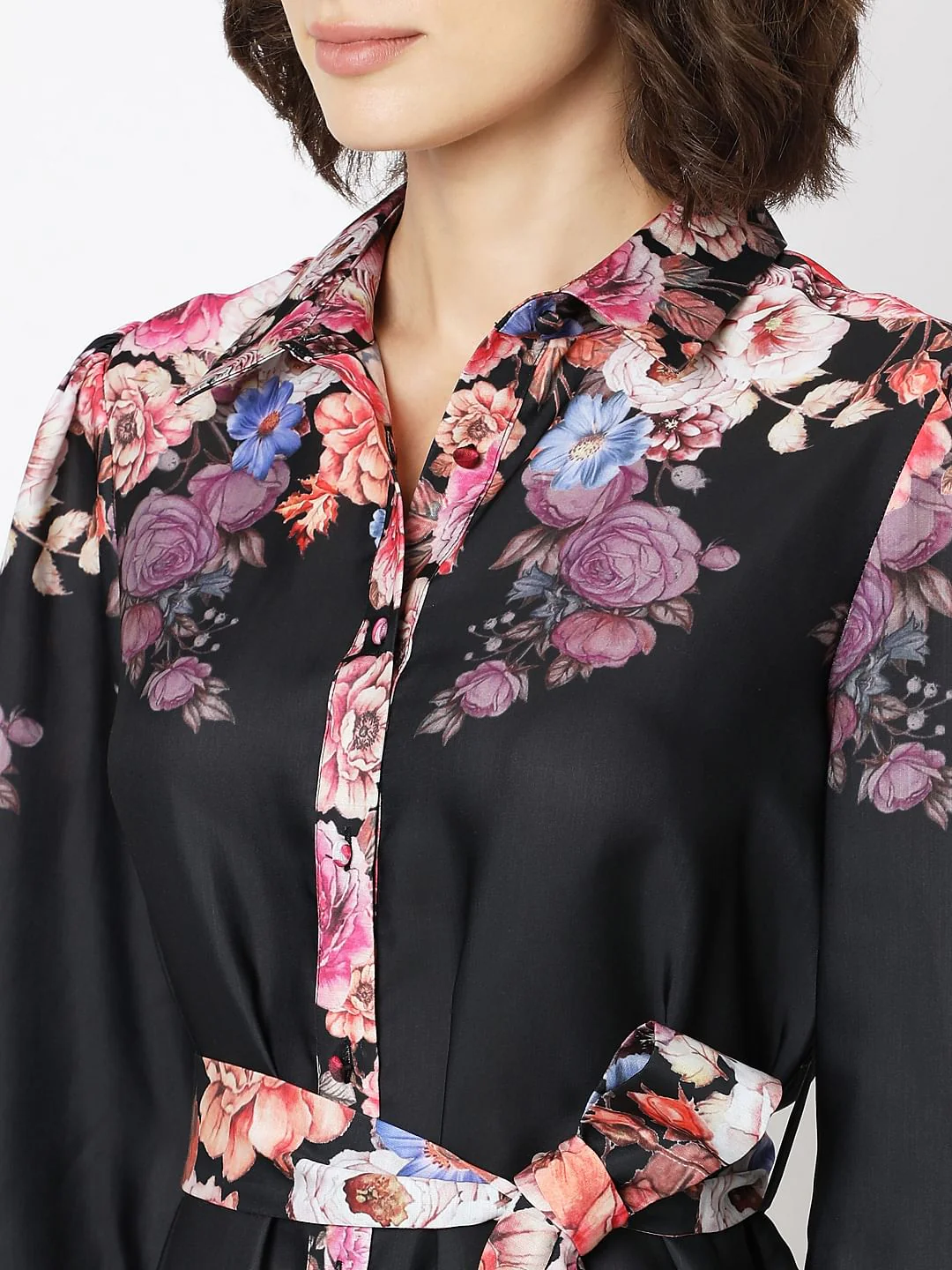 Black Floral Print Short Shirt Dress - Image 8