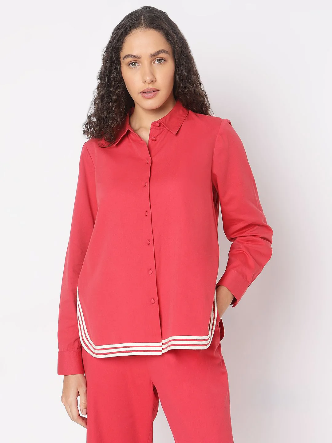 Red Contrast Hem Co-Ord Set Shirt - Image 2