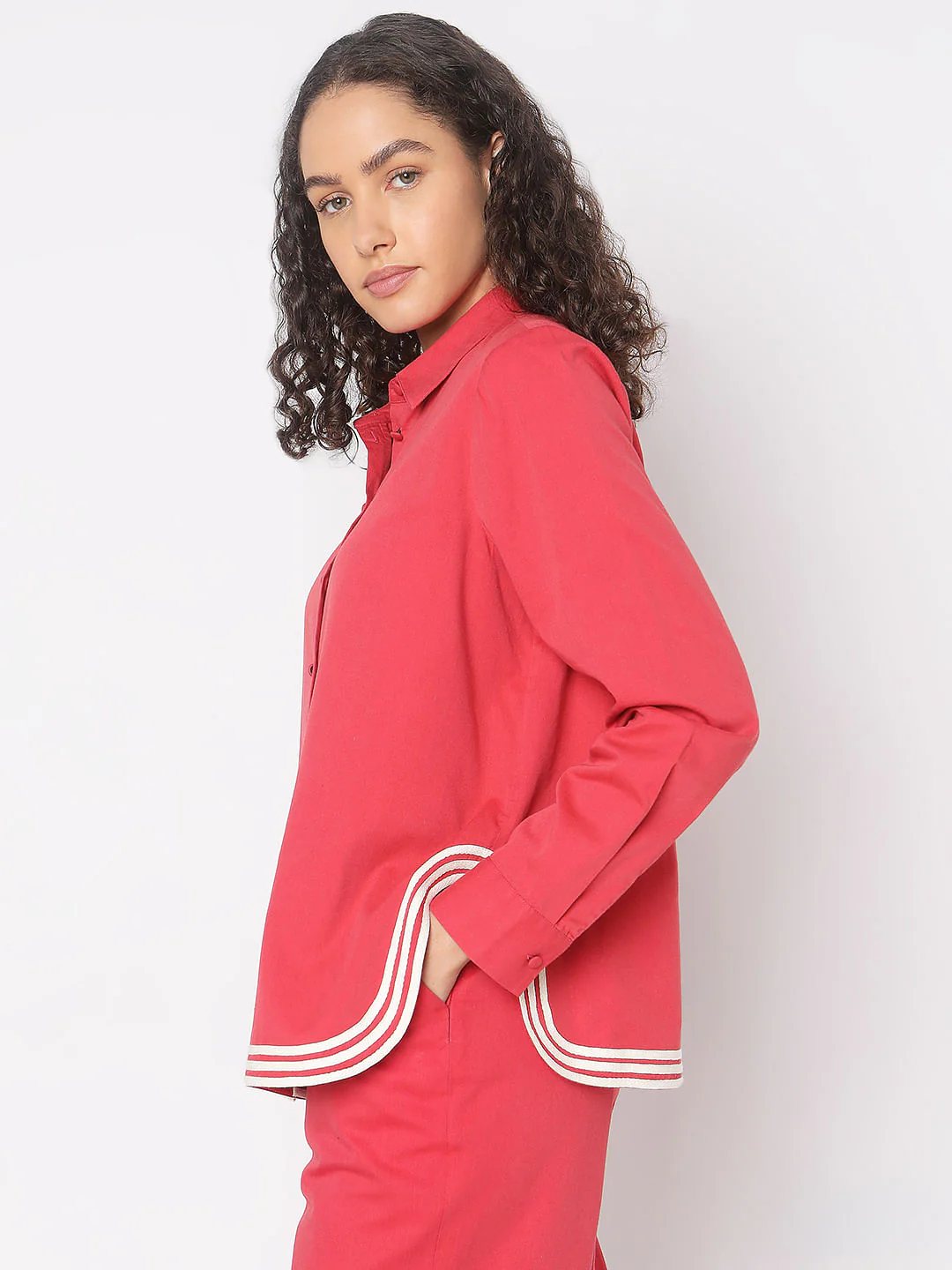 Red Contrast Hem Co-Ord Set Shirt - Image 3