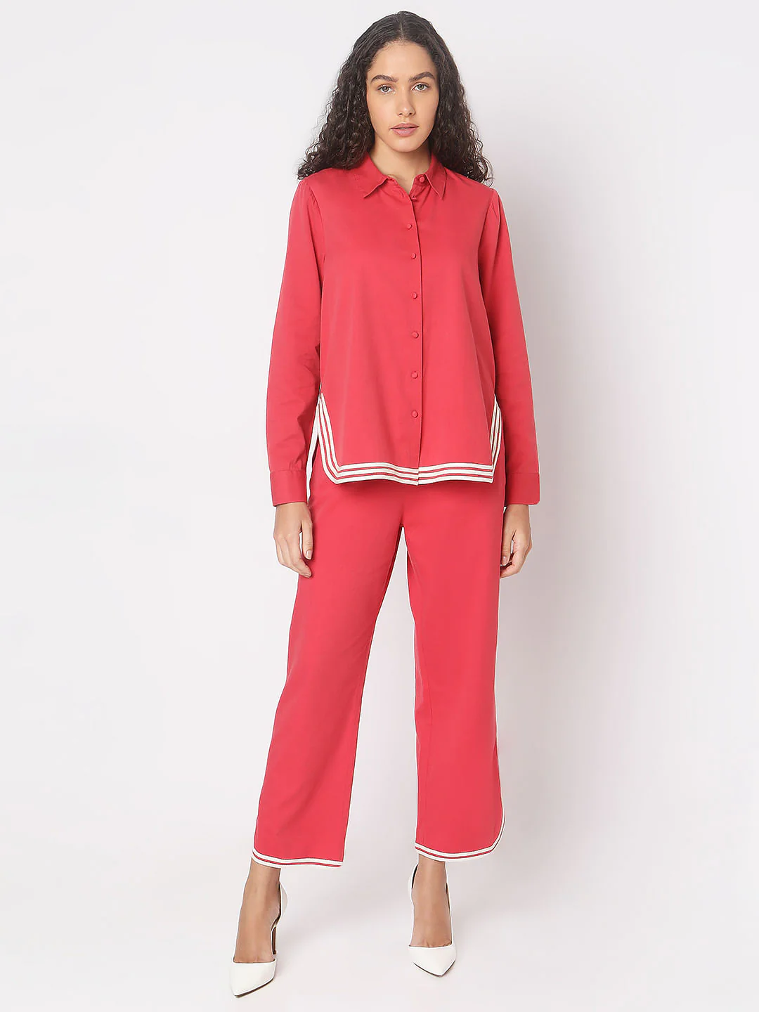 Red Contrast Hem Co-Ord Set Shirt - Image 5