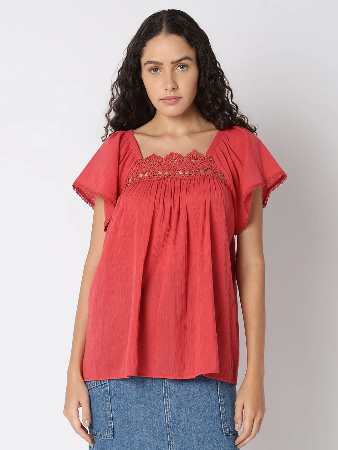 Red Lace Trim Cotton Top - Image 2