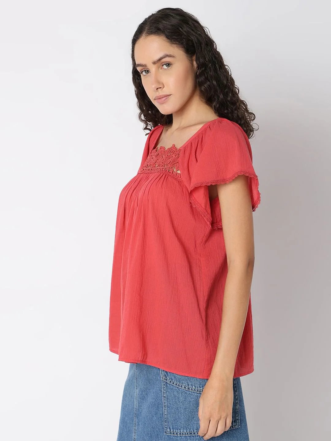 Red Lace Trim Cotton Top - Image 3