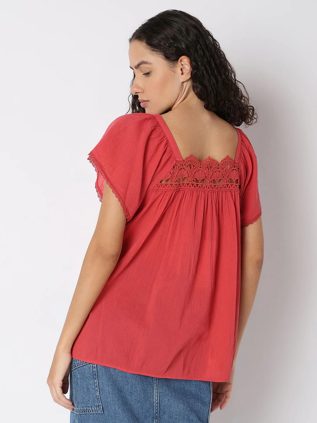 Red Lace Trim Cotton Top - Image 4