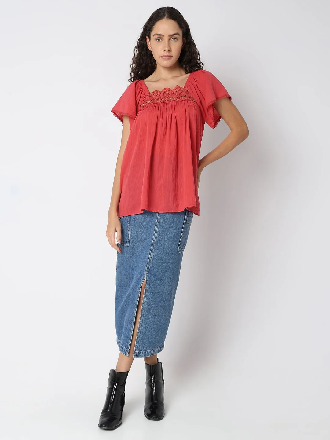Red Lace Trim Cotton Top - Image 5