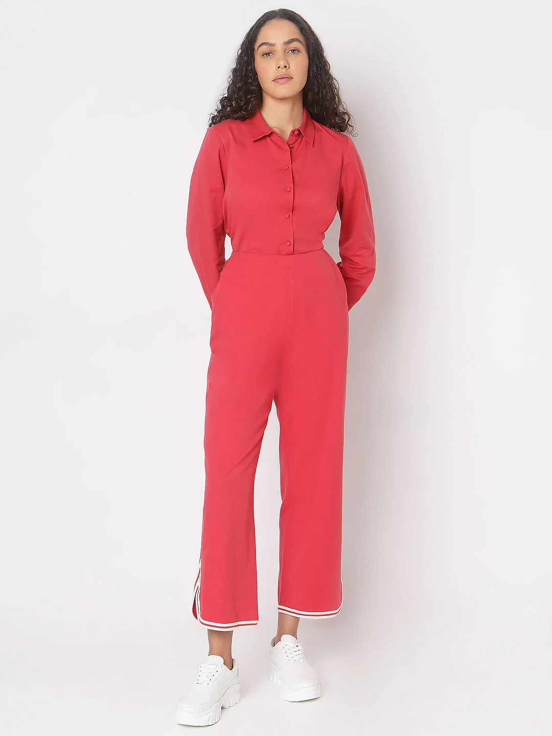 Red Contrast Hem Co-Ord Set Pants - Image 5