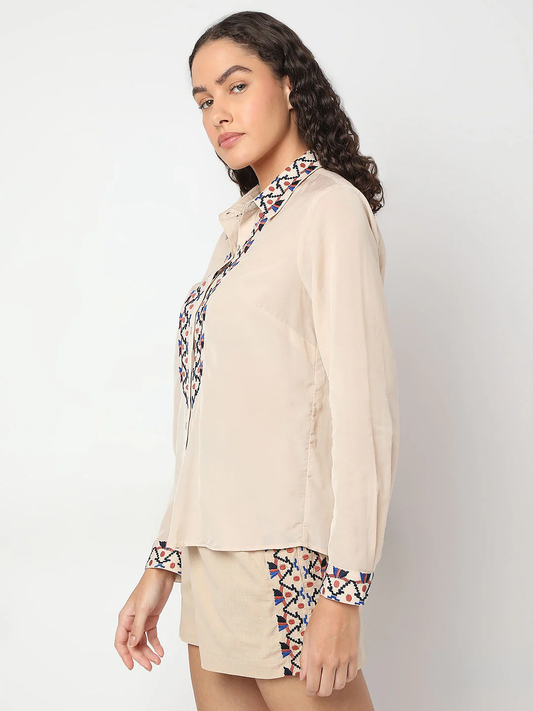 Beige Printed Co-Ord Set Shirt - Image 3