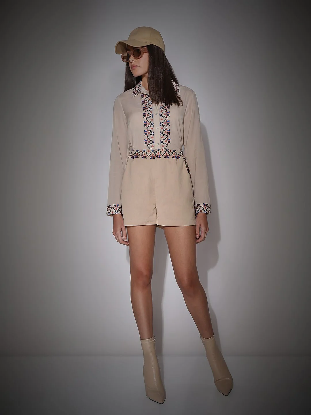 Beige Printed Co-Ord Set Shorts