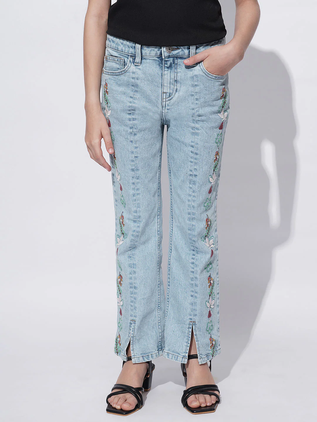 Girls Light Blue Floral Embroidery Bootcut Jeans - Image 2