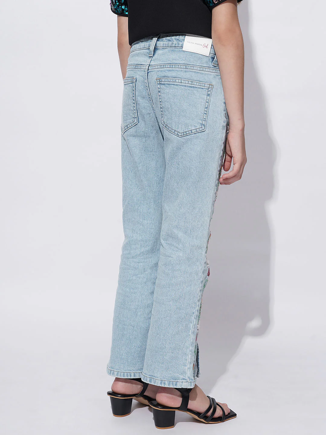 Girls Light Blue Floral Embroidery Bootcut Jeans - Image 3