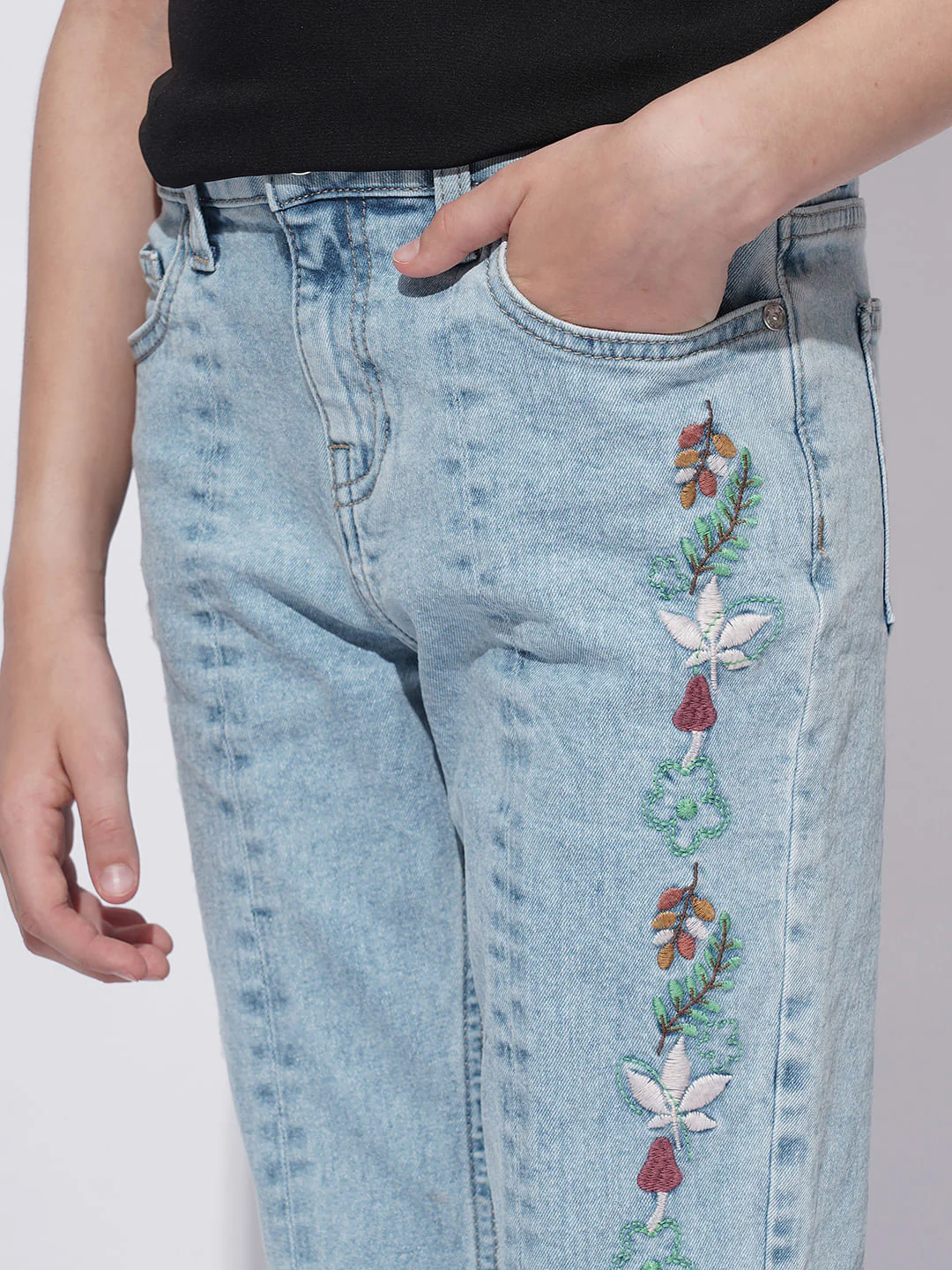 Girls Light Blue Floral Embroidery Bootcut Jeans - Image 4