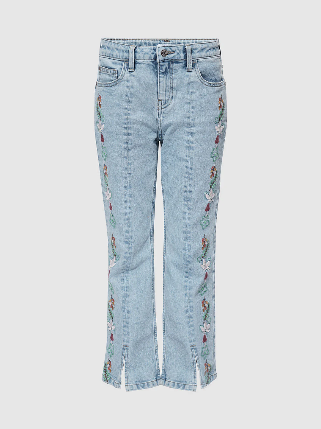 Girls Light Blue Floral Embroidery Bootcut Jeans - Image 5