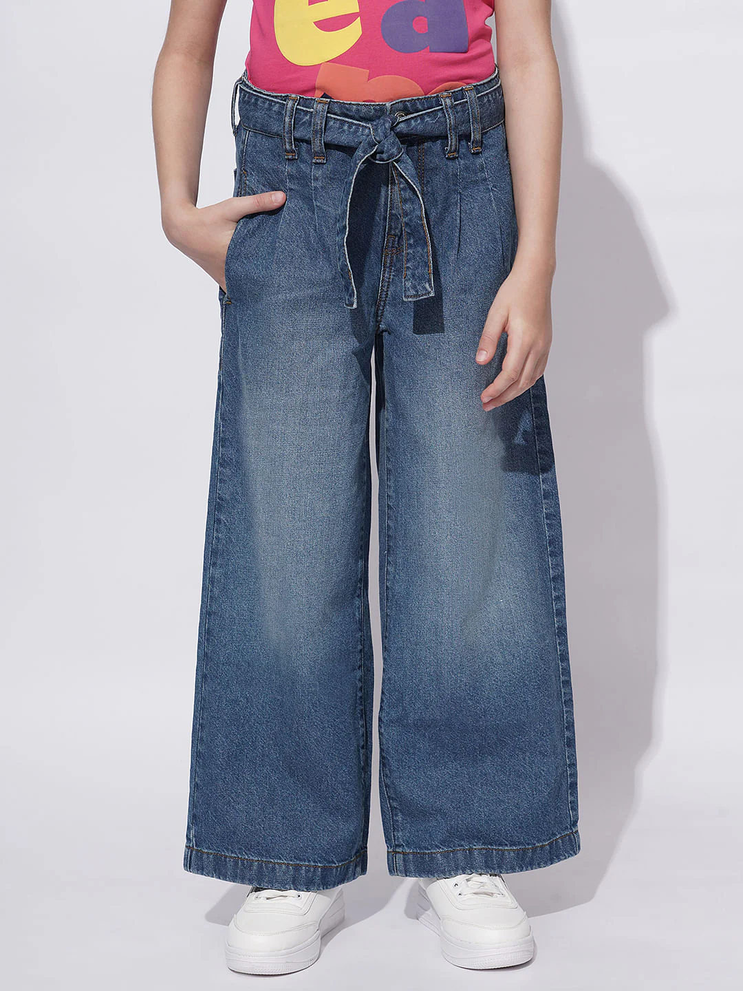 Girls Blue High Rise Wide Leg Jeans - Image 2