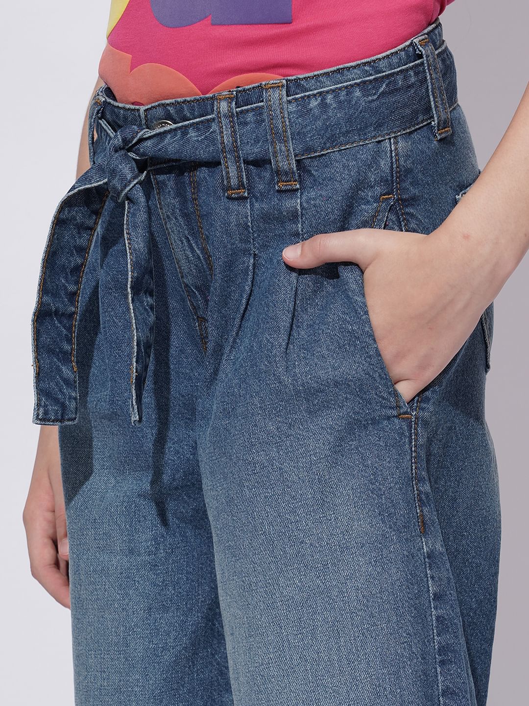 Girls Blue High Rise Wide Leg Jeans - Image 4