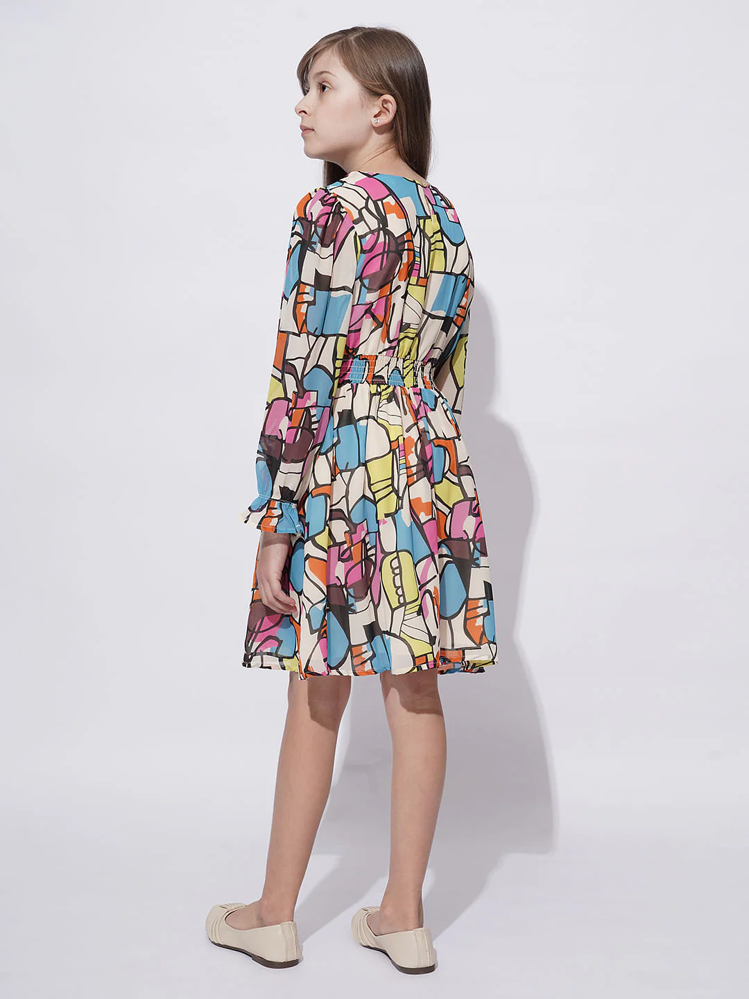 Girls Pink Abstract Print Fit & Flare Dress - Image 3