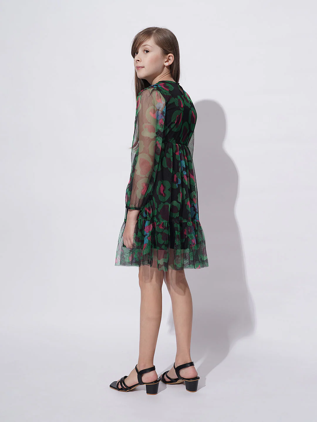 Girls Black Floral Mesh Dress - Image 3