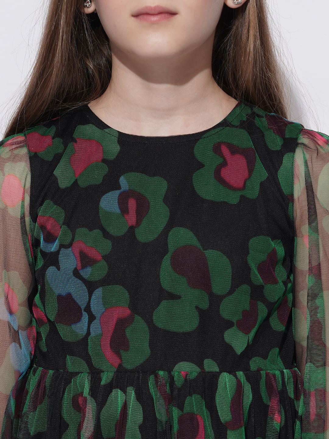 Girls Black Floral Mesh Dress - Image 4