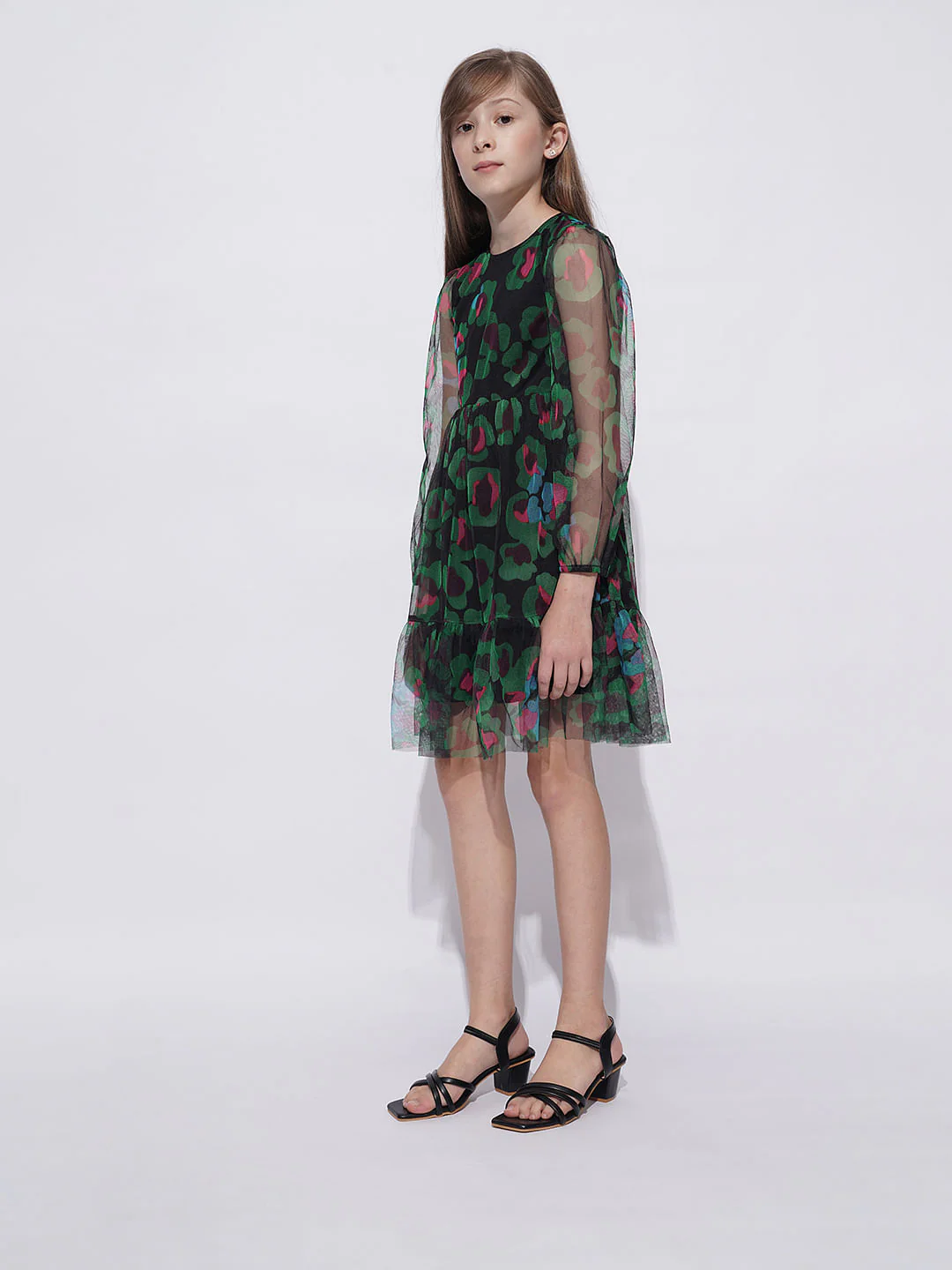 Girls Black Floral Mesh Dress - Image 5